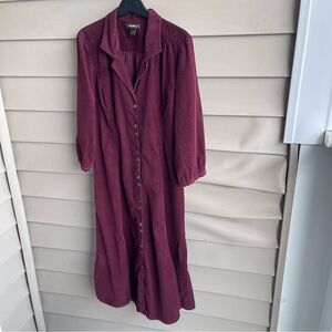 Eddie Bauer Womens Corduroy Button Front Midi Dress Size 8 Burgundy Peasant
